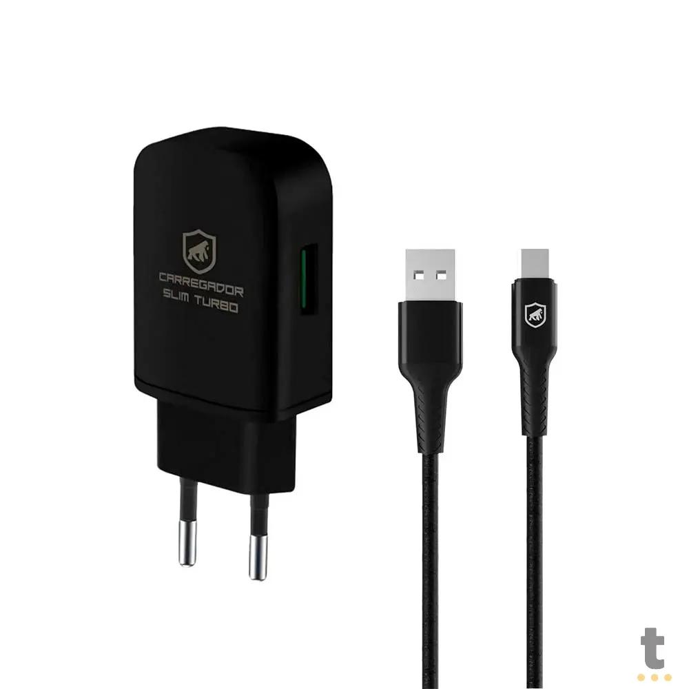 Kit Carregador de Parede Turbo Slim + Cabo Nylon Kevlar Preto USB Tipo C / USB 1,5m GShield - GS-8326 Truedata